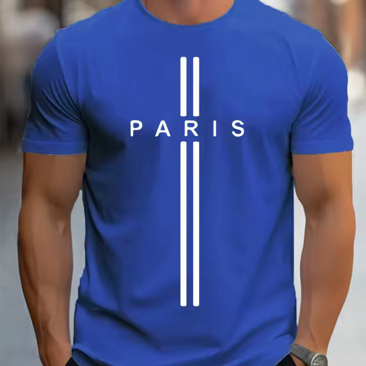 Camiseta De Algodón Puro Para Hombre Estampados De París Ajuste Casual Holgado Verano Manga Corta Cuello Redondo Top Transpirable - 1