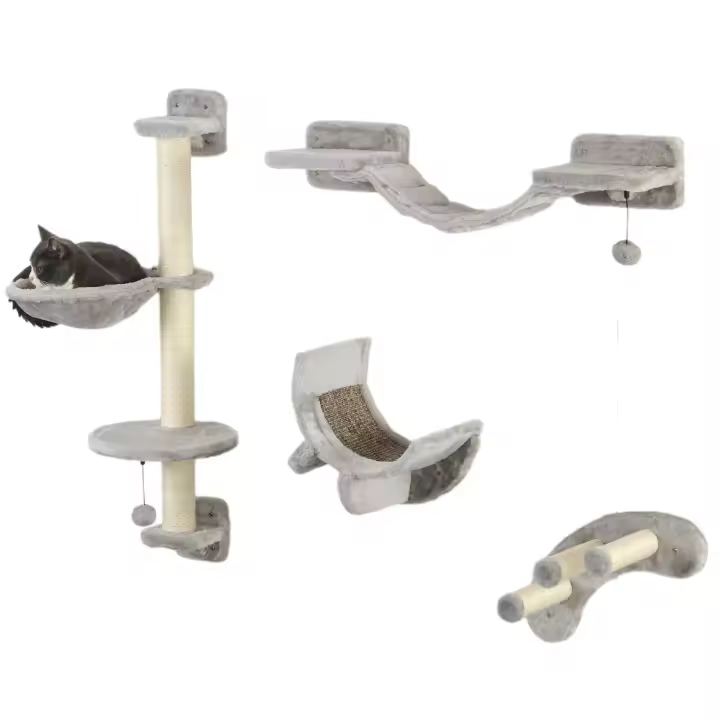 PawHut Juego de Estanterías para Gatos de 4 Piezas Rascador de Pared para Gatos con Hamaca Postes Rascadores Escalera Blanda Plataformas Gris - 1