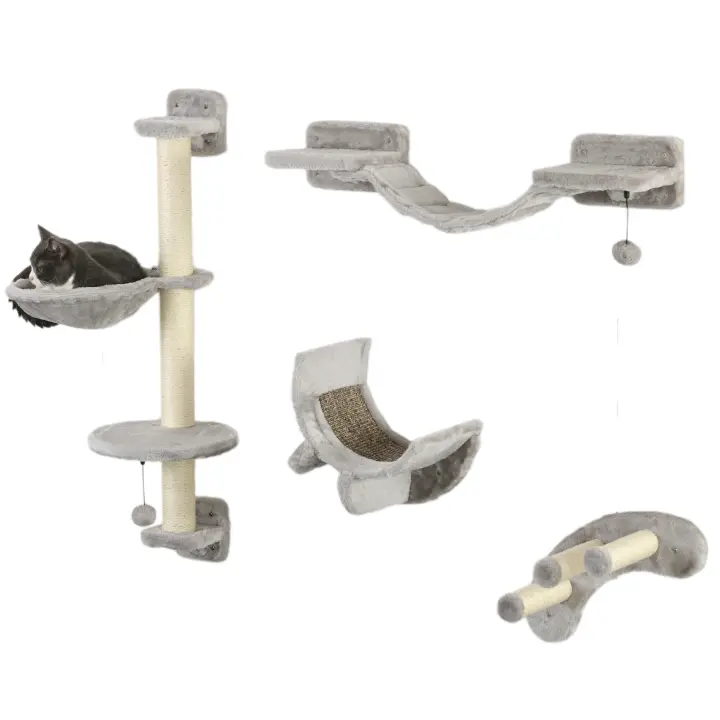 PawHut Juego de Estanterías para Gatos de 4 Piezas Rascador de Pared para Gatos con Hamaca Postes Rascadores Escalera Blanda Plataformas Gris - 1
