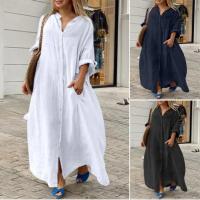 Nueva Túnica De Verano Para Mujer 2024 Algodón Y Lino Suéter De Playa Con Cierre Único Manga Larga Vestido A-Line De Cintura Baja - details 1