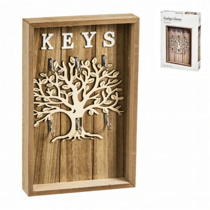 Dcasa Cuelga llaves de pared Arbol de la vida con 6 colgadores de madera natural de 18x28 cm - 1