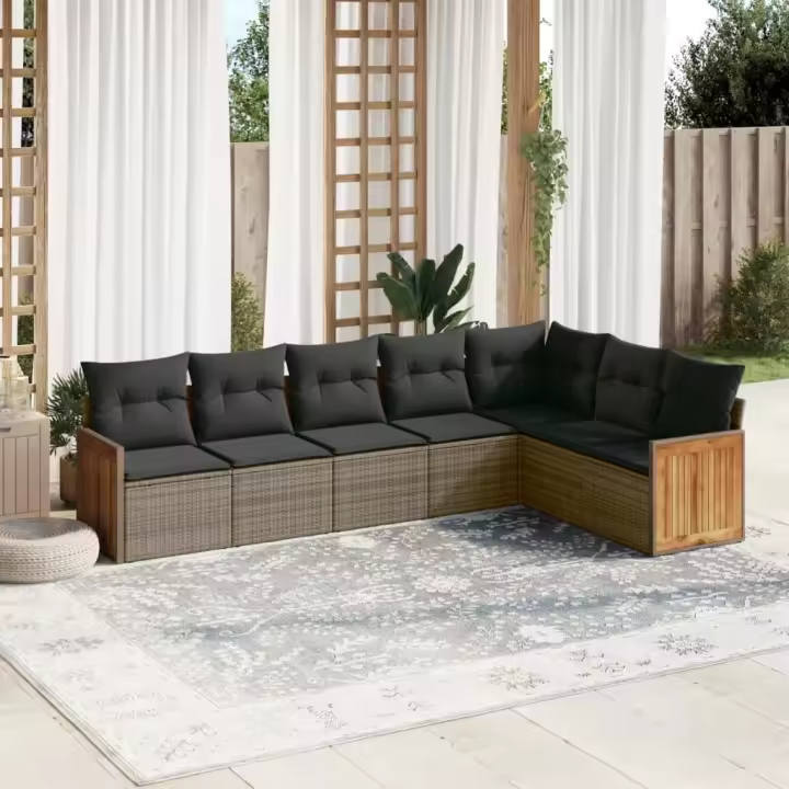 vidaXL Set de sofás de jardín 7 piezas con cojines ratán PE gris - 1