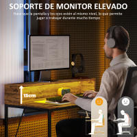 HOMCOM Escritorio Industrial Mesa Escritorio con Luces LED Tomas de Corriente Soporte para Monitor y Control Remoto Mesa de Ordenador para Oficina Estudio 100x50x90,5 cm Marrón Rústico - details 5