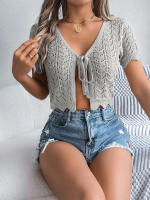 Cardigan De Punto Para Mujer Verano Otoño Ligero De Visón Manga Corta Cuello Redondo Estilo Casual Color Sólido Con Agujeros - details 34