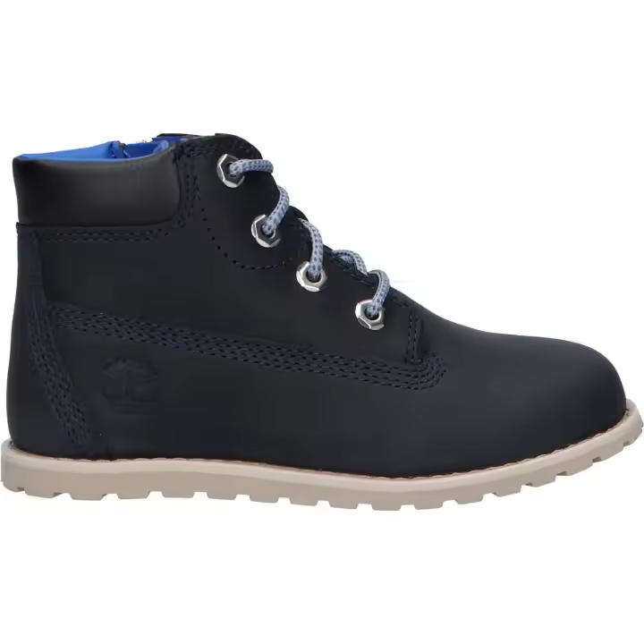 Timberland TB0A2N9N Pokey Pine Mid Lace Up Navy Kids Boots, made of leather with a cushioned insole and flexible anti-slip sole, perfect boy boots for outdoor activities in Autumn/Winter. - 1