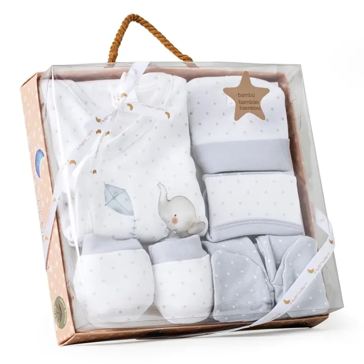 SET 5 PCS(CAMISA+CALÇA+LUVA+BAVETE+MEIAS)+RECÉM-NASCIDOS(0-6 MESES)-100%ALG.-MOD. ELEFANTE - CINZA - 1
