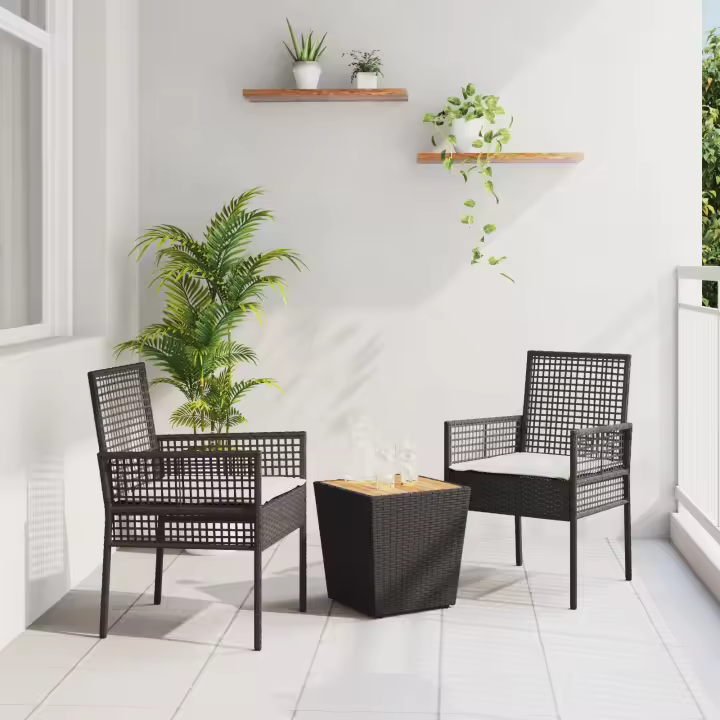 Conjunto de Bistro de Jardín de 3 Piezas vidaXL con Cojines Ratan de Polipropileno Negro - 1