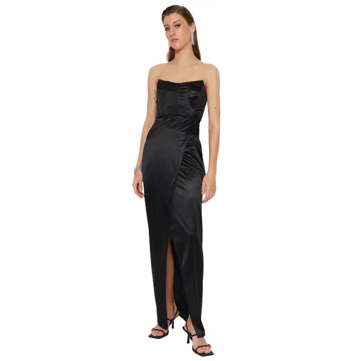 Trendyol Fuchsia Lined Knitted Satin Long Evening Evening Dress Tprss23Ae00006 - 1