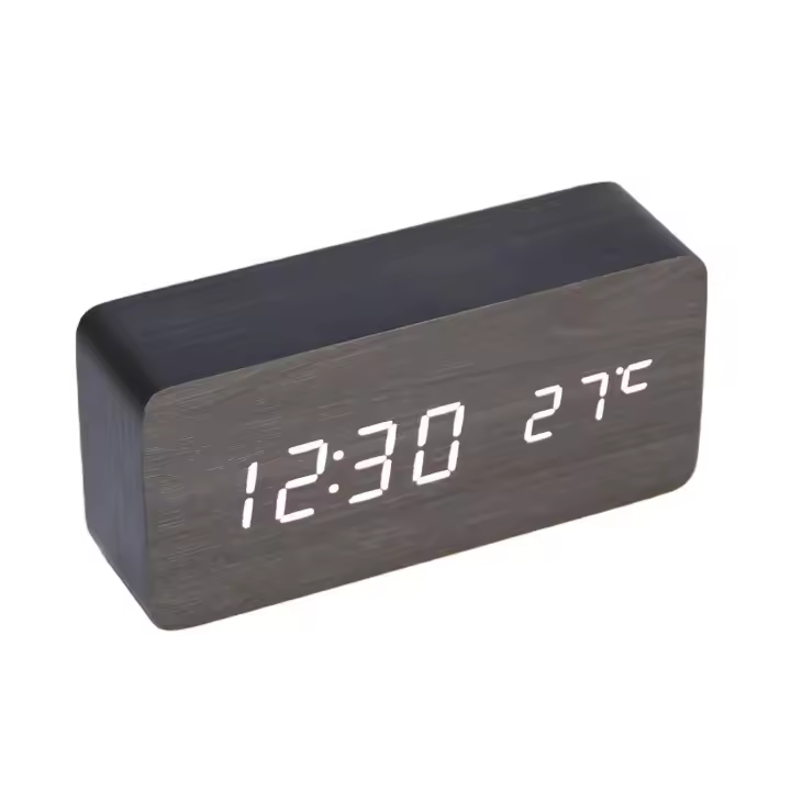 Reloj Digital de madera multifuncional, despertador LED, Control por voz, adecuado para el hogar, luz blanca de madera negra - 1