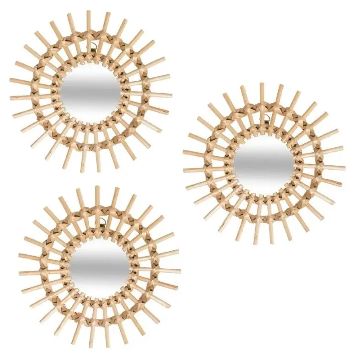 STARLEY- Juego de 3 espejos redondo decorativo bambu efecto sol 28 cm, ideal para decoracion casa, habitación y salón, decoracion pared - 1