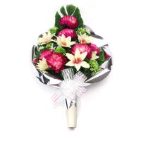 Ramo de Flores Artificiales de Tela para Cementerio arcoirsl - Composición de Crisantemo rosa - Medidas 70 x 50 cm aprox - Ideal para Todos los Santos - Resistente a Intemperie y Duradero - Disponible con Envoltorio en Varios Colores - details 0