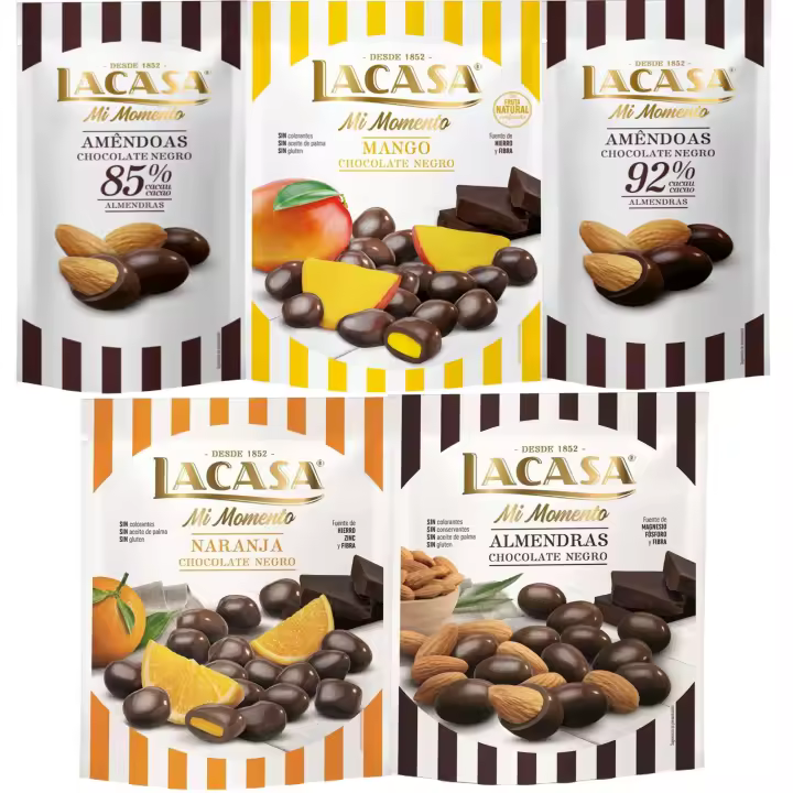 Lacasa Mi Momento pack de 5:Almendra 92% ,Almendra 85% ,Almendra Chocolate Negro ,Naranja Chocolate Negro ,Mango Chocolate Negro - 1