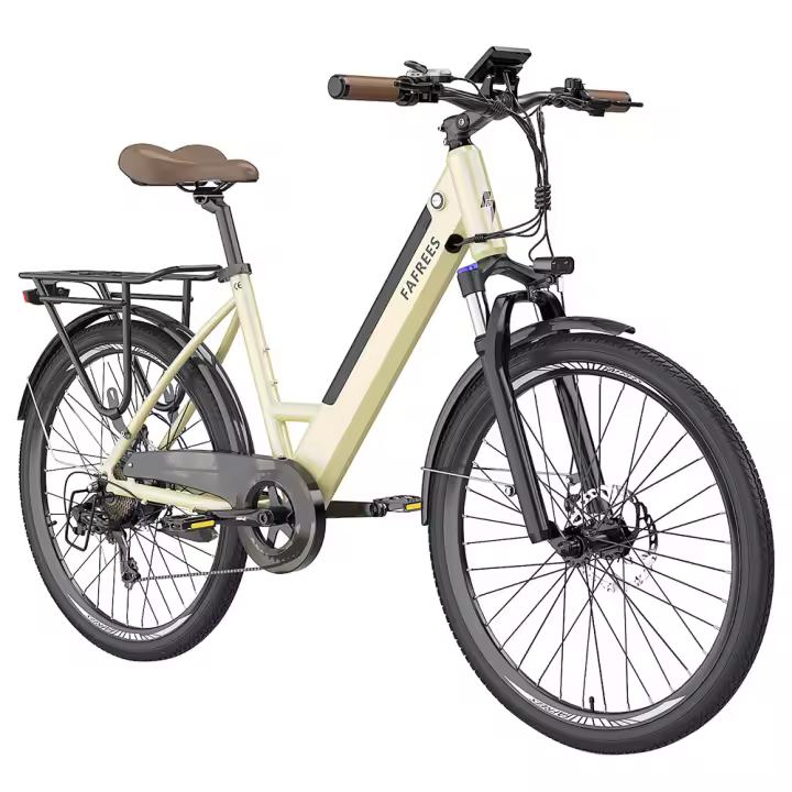 Bicicleta eléctrica de ciudad Fafrees F26 Pro de 26 pulgadas con cuadro bajito, bicicleta eléctrica 25 km/h, motor de 250 W, batería incorporada extraíble de 36 V 14.5 Ah, 7 velocidades Shimano, frenos de disco dobles, conectividad a aplicación - Dorado - 1
