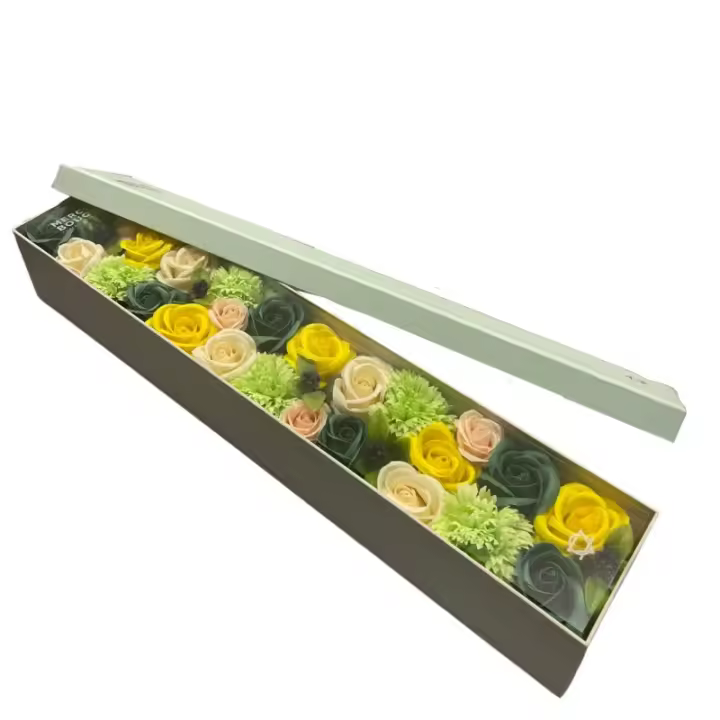 Caja Extra Larga - Celebraciones de Primavera - Amarillas y Verdes - Bouquet de Flores de Jabón - 50x8x9,5cm - 1