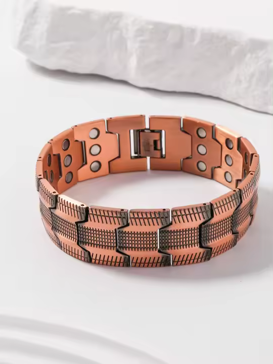 Pulsera De Terapia Magnética Retro Para Hombre En Cobre Rojo Con Tres Filas Anchas Pulsera De Cadenas Moda Casual - 1
