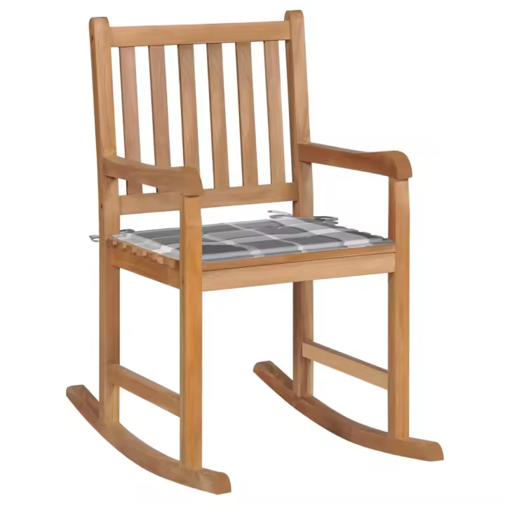 vidaXL Silla mecedora de madera maciza teca con cojín a cuadros grises - 1