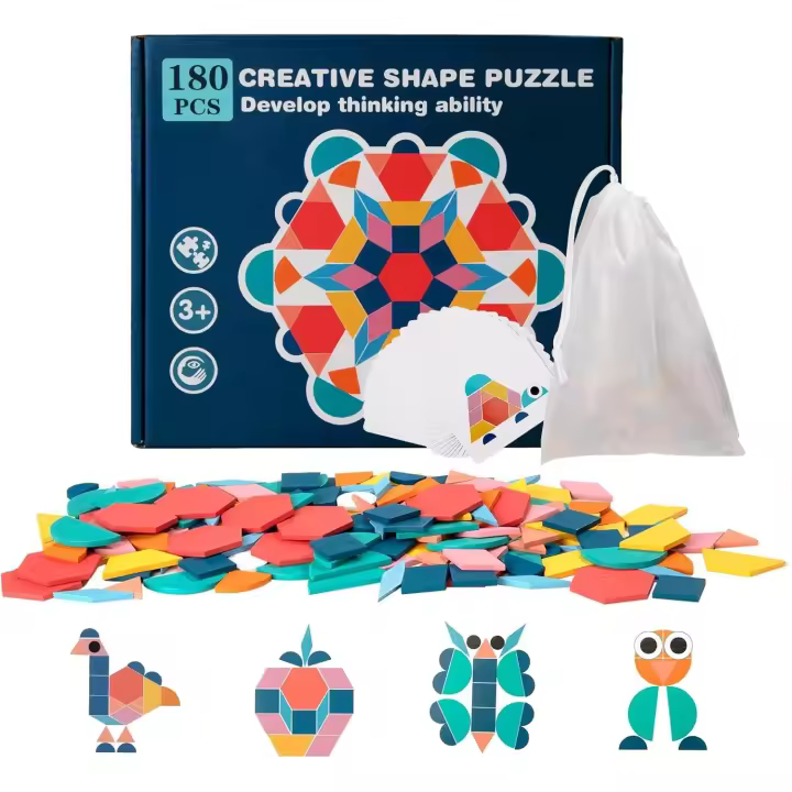 Rompecabezas de tangram de madera, bloques de patrones de madera, 180 piezas de formas geométricas y 24 tarjetas de patrones, juguetes educativos Montessori - 1