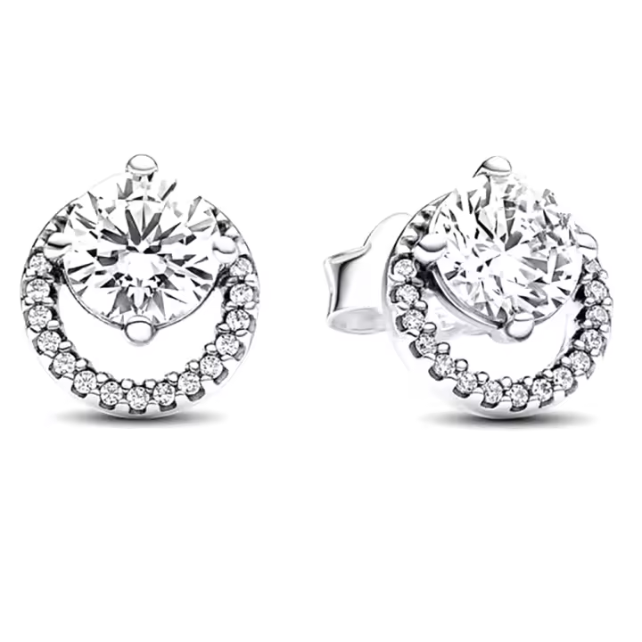 Pandora Pendientes de Botón en Plata de Ley Halo Redondo Brillante  291248C01，Incluye Caja Original - 1