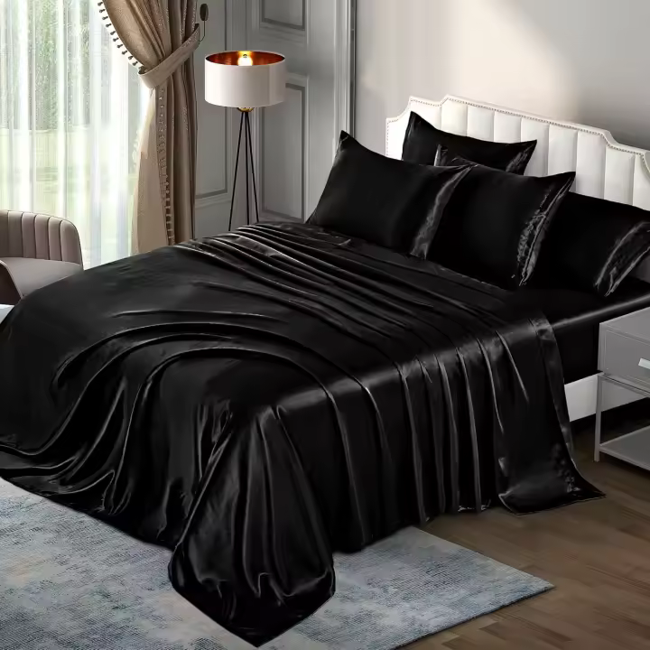 Juego de sábanas de satélite Queen de 6 piezas, sábanas de satélite Negro sedoso de lujo, 1 sábana ajustable de bolsillo profundo 1 sábana plana 4 fundas de almohada - 1