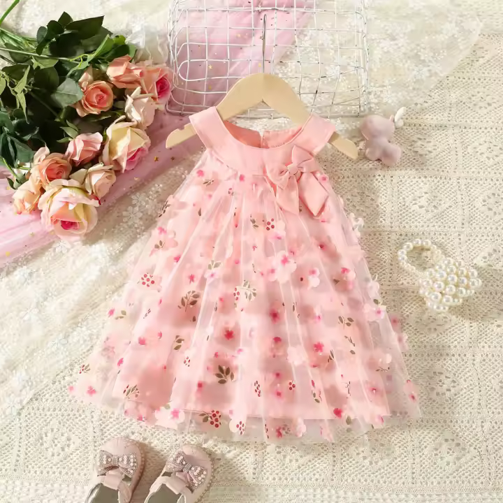 Vestido De Princesa Sin Mangas Para Bebés Niñas Con Flores En Malla Para El Verano 0-3 Años Vestido Lindo Y Cutes Para Niñas - 1