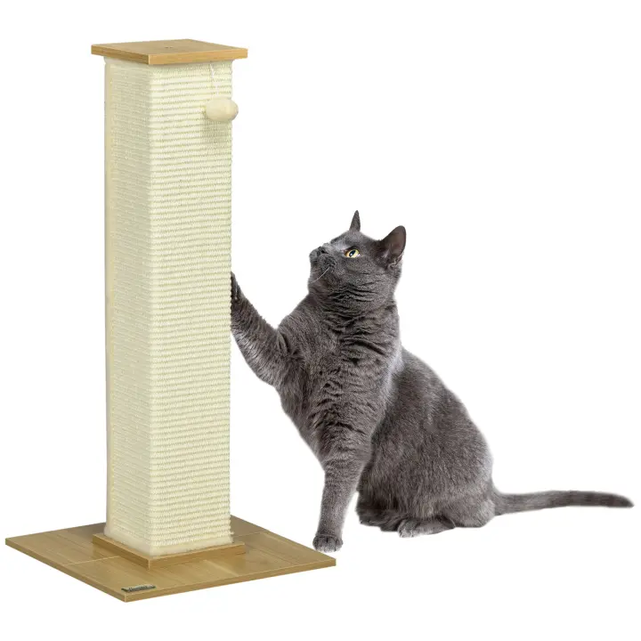 PawHut Poste Rascador para Gatos Rascador para Gatos de 80 cm Árbol para Gatos con Poste de Sisal y Bola Colgante para Interiores 38x38x80 cm Roble - 1