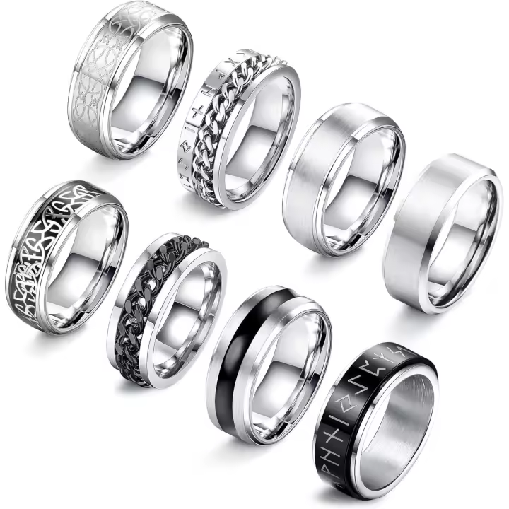 8 Pcs Anilos Hombre Inoxidable Maple Abrebotellas Giratorios Cadena Band Vintage Plata Anillos para Hombre Anillo Negro Regalo Tamano 14-30 - 1