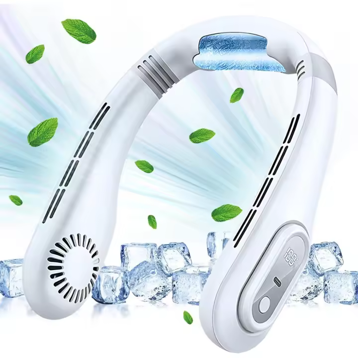 Ventilador de Cuello, con Placa de Refrigeración Pantalla Digital Silenciosa Portátil Sin Cuchillas Ventilador de Cuello Portátil Recargable para Vacaciones Viajes Camping Oficina - 1