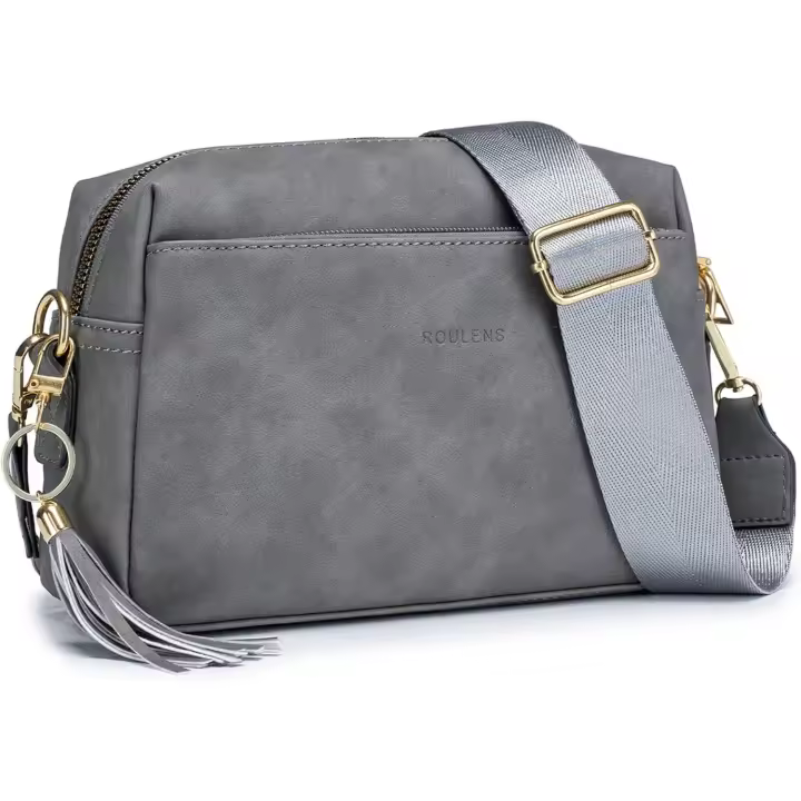 Bolso bandolera Pequeño con 3 compartimientos y Cremallera, de Cuero Vegana, para teléfono, Bandolera con Correa Ancha ajustable y extraíble (GRIS) - 1