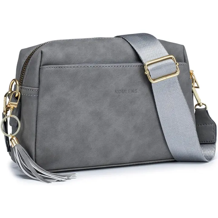 Bolso bandolera Pequeño con 3 compartimientos y Cremallera, de Cuero Vegana, para teléfono, Bandolera con Correa Ancha ajustable y extraíble (GRIS) - 1