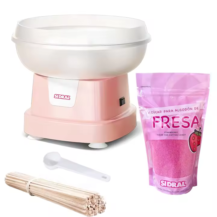 SIDRAL Máquina de Algodón de Azúcar para el hogar – con 25 Palos de Madera, Cuchara medidora y 250 GR de Azúcar Fresa, Azucar para Maquina de Algodon - 1