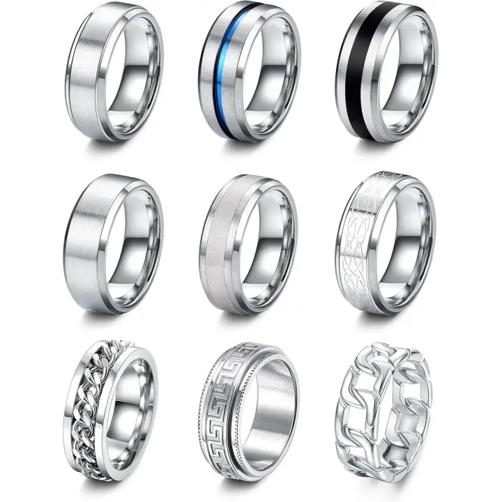9 Piezas Anillos Hombre Plata Maple Inoxidable Acabado Mate Anillo Cadena Band Pulido Abrebotellas Anillos Alianzas Boda Anillo Compromiso Vintage Fidget Anillo para Hombre Mujer - 1