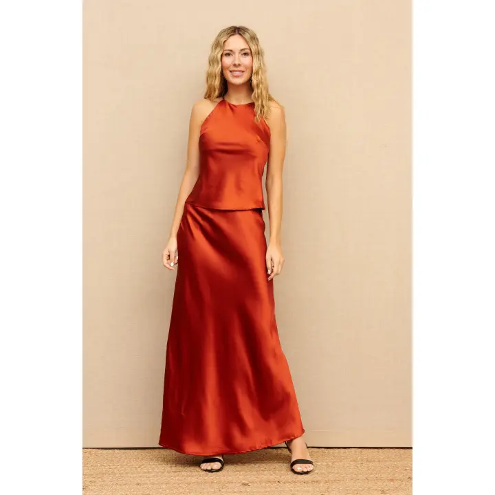 SOLO VENTA FALDA - CONJUNTO EVENTO ANIA TEJA - Falda Larga Satinada, Satén, Primavera Verano para Mujer, Fiesta, Evento, Bodas - 1