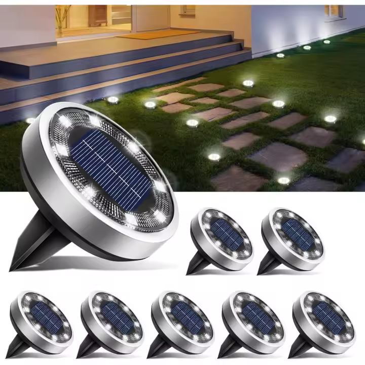 2 Paquetes Luces Solares LED Exterior Jardin Suelo, 8 LED Luz Solar Exterior Jardin, IP65 Impermeable Lamparas Solares Camino, Césped, Patio (Blanco Cálido) - 1