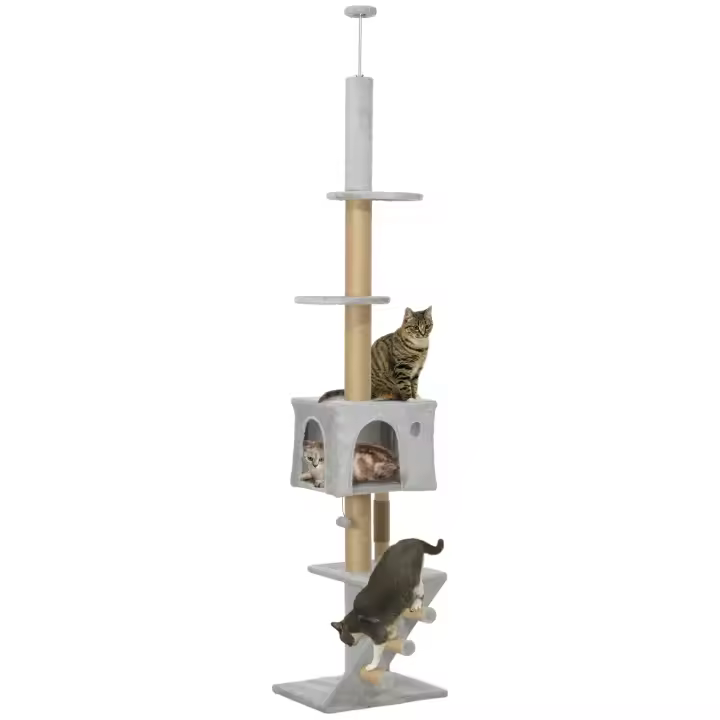 PawHut Árbol para Gatos de Suelo a Techo de 225-265 cm Árbol Rascador para Gatos con Altura Ajustable Múltiples Plataformas Escalera Bola Colgante - 1