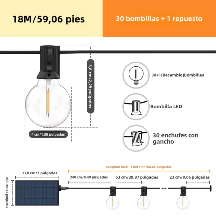 Luces De Cadena Solar Para Exterior G40 Con Bombillas LED Inalámbricas Y Resistente Al Viento Para Patio Bistró Jardín - 1