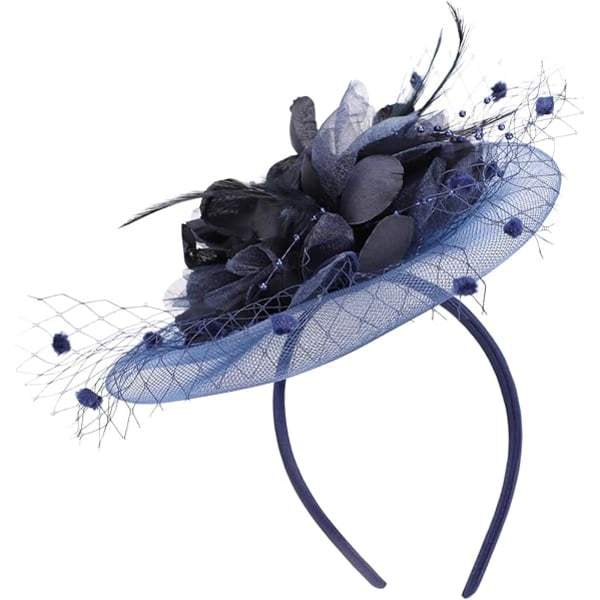 Fascinante sombrero para mujer, sombrero pillbox, sombrero de mujer con flor, sombrero bombín, con plumas, sombrero de boda, sombrero de cóctel, pinza para el cabello, sombrero de fiesta, accesorios para el cabello (azul marino)