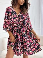 Vestido De Verano Para Mujer Estilo Casual Con Estampado De Flores Cuello En V Manga Media Ajuste Elegante Vestido De Fiesta - details 1