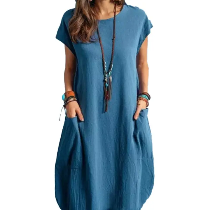 Vestido De Mujer Casual De Algodón Y Lino Para Primavera Y Verano Con Bolsillos Estilo Europeo Y Estadounidense Longitud De Rodilla - 1