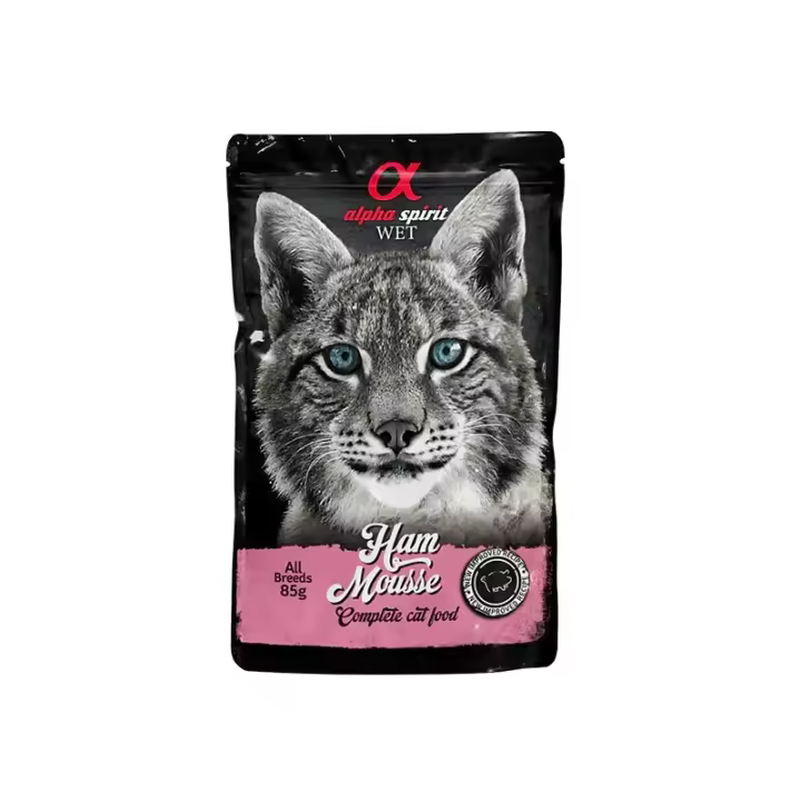 Alpha Spirit Pouch Mousse para Gato Sabor Jamón 24x85g – Comida Húmeda Completa, Natural y Sin Cereales - 1