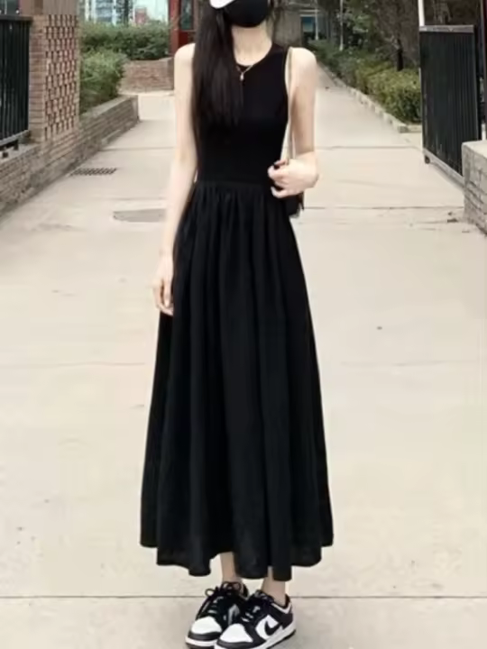 Vestido Elegante Y Sencillo De Moda Para Mujer Estilo Preppy Negro Largo Cintura Alta Sin Mangas Cuello Redondo Verano - 1