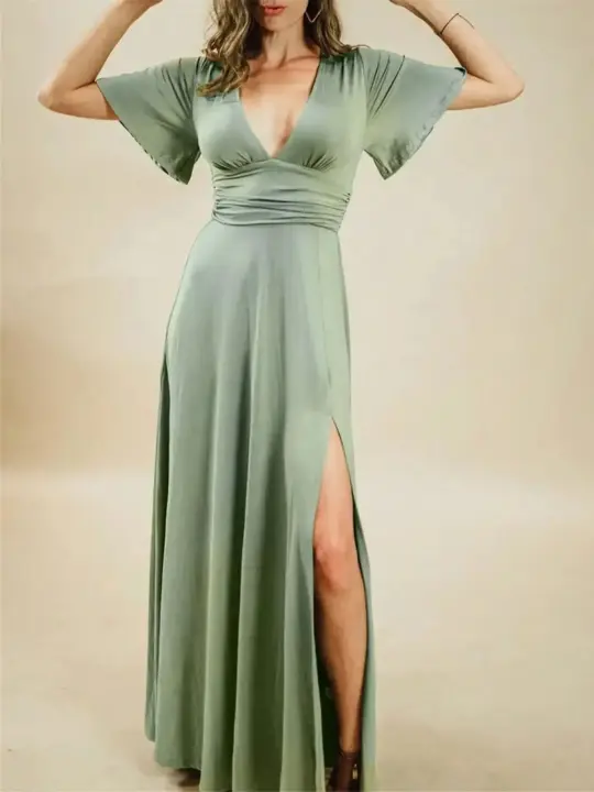 Vestido De Larga Falda Con Abertura Elegante Para Mujer Estilo Clásico Y Moderno Cuello En V Manga Corta Color Sólido - 1