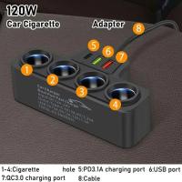 Adaptador De Encendedor De Coche 120W 12V/24V 4-Enchufe Cargador USB+QC3.0+PD3.1A Accesorio Port USB Para Automóvil - details 6