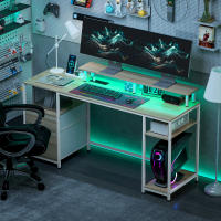 HOMCOM Mesa de Escritorio Mesa de Ordenador con Luces LED Estantes Cajones Tomas de Corriente Puertos USB y Soporte para Monitor para Oficina Estudio 155,5x48x88,5 cm Natural - details 1