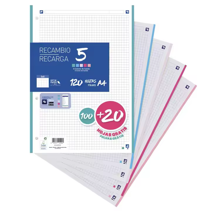 YUNIK HOME- Hojas Cuadriculadas A4 Perforadas Recambio de Archivador,  Formato A4 Cuadrícula 5x5, 4 Taladros Perforadas, 100 Hojas + 20 Gratis, Disponible en 5 Colores de Banda Pastel. Ideal para Archivadores y Carpetas de Anillas. - 1