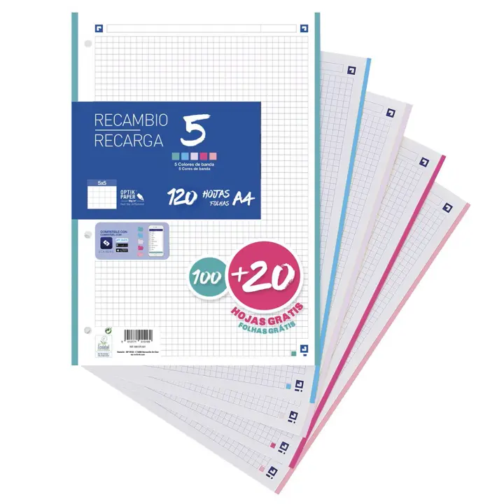 YUNIK HOME- Hojas Cuadriculadas A4 Perforadas Recambio de Archivador,  Formato A4 Cuadrícula 5x5, 4 Taladros Perforadas, 100 Hojas + 20 Gratis, Disponible en 5 Colores de Banda Pastel. Ideal para Archivadores y Carpetas de Anillas. - 1