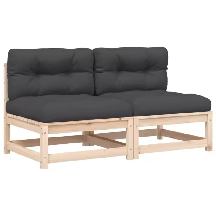 vidaXL Sofás jardín sin reposabrazos con cojines 2 uds madera de pino Marrón y gris, Natural y negro, Pino blanco Conjunto Terraza Muebles Jardín Exterior Juego de Muebles de jardín Mueble Jardín Exterior Muebles de Salon Exterior - 1
