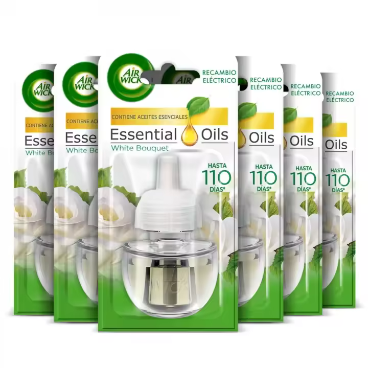 Air Wick Eléctrico - Set Lote 6 Recambios, Ambientador para Casa, Diferentes Aromas, Recarga Eléctrica, Flor Frescor, Flores Blancas, Lirio de Luna, Nenuco, Oasis Turquesa, Delicias de Verano, Vainilla - 1