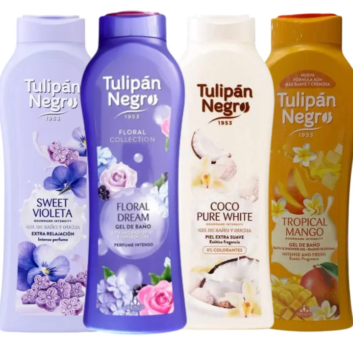 Pack de 4 geles de ducha tulipán negro – pack floral con coco y mango. increíble aroma, hidratación para la piel, ideal para regalo. producto fabricado por briseis en españa pack de 4 geles de ducha tulipán negro - 1