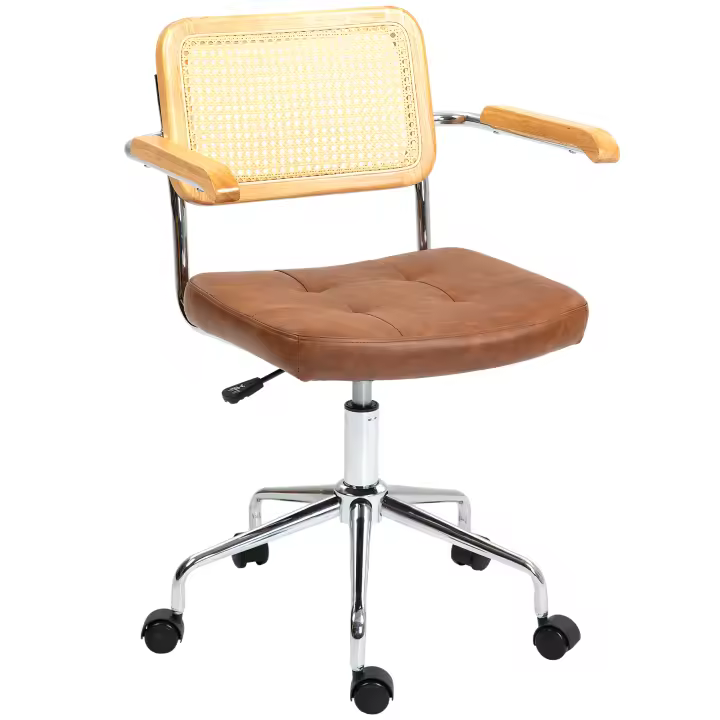 HOMCOM Silla de Oficina Giratoria Silla de Escritorio Altura Ajustable con Función de Basculante y Respaldo de Ratán Sintético Silla de Estudio Carga 120 kg 60x55,5x82-90 cm Marrón - 1