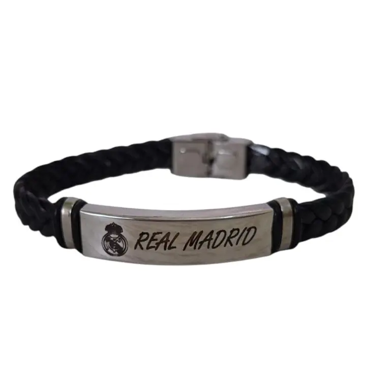 Pulsera ajustable de cuero y acero equipo de futbol R. Madrid - Opción de nombre grabado - Presentada en caja - Regalo para mujer hombre o niño - 1